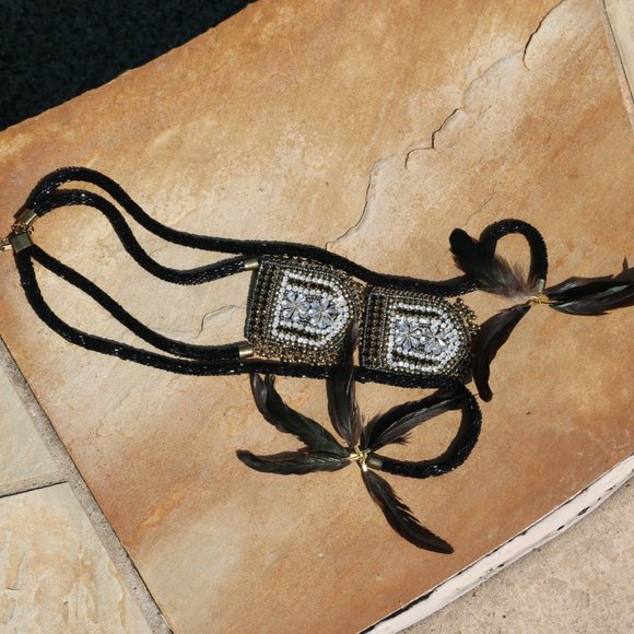 Handmade Bejeweled Necklace Double Medallion Long Tribal Feather Multi Strand - Picture 3 of 10